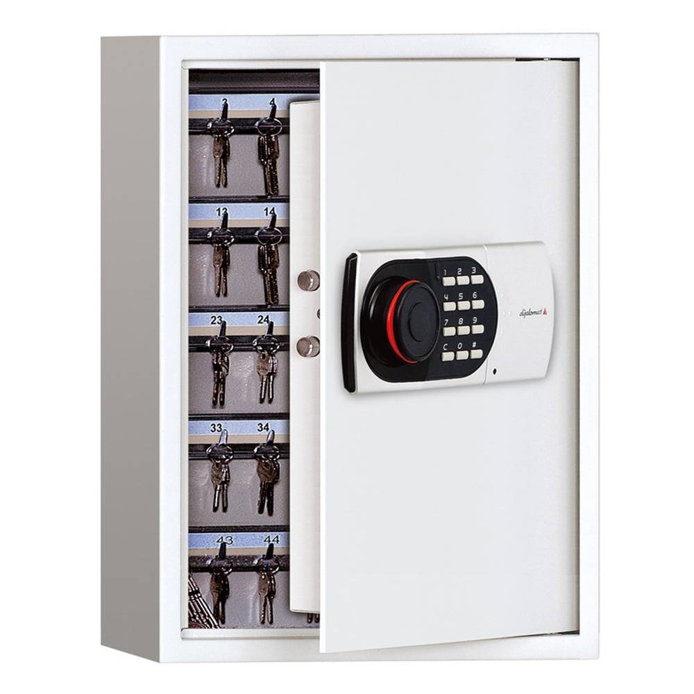 Secure Key Cabinet KC100 with digital lock, partially open to show organized key hooks for 100 keys. Ideal for home or business key storage security.