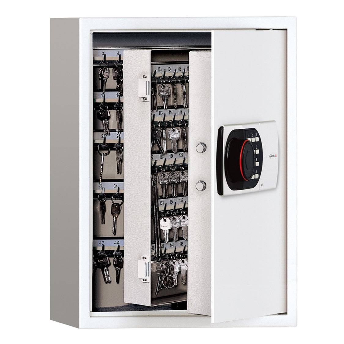 Secure Key Cabinet KC200 with digital lock system, open to reveal organized storage for 200 keys, ideal for home or business security use.