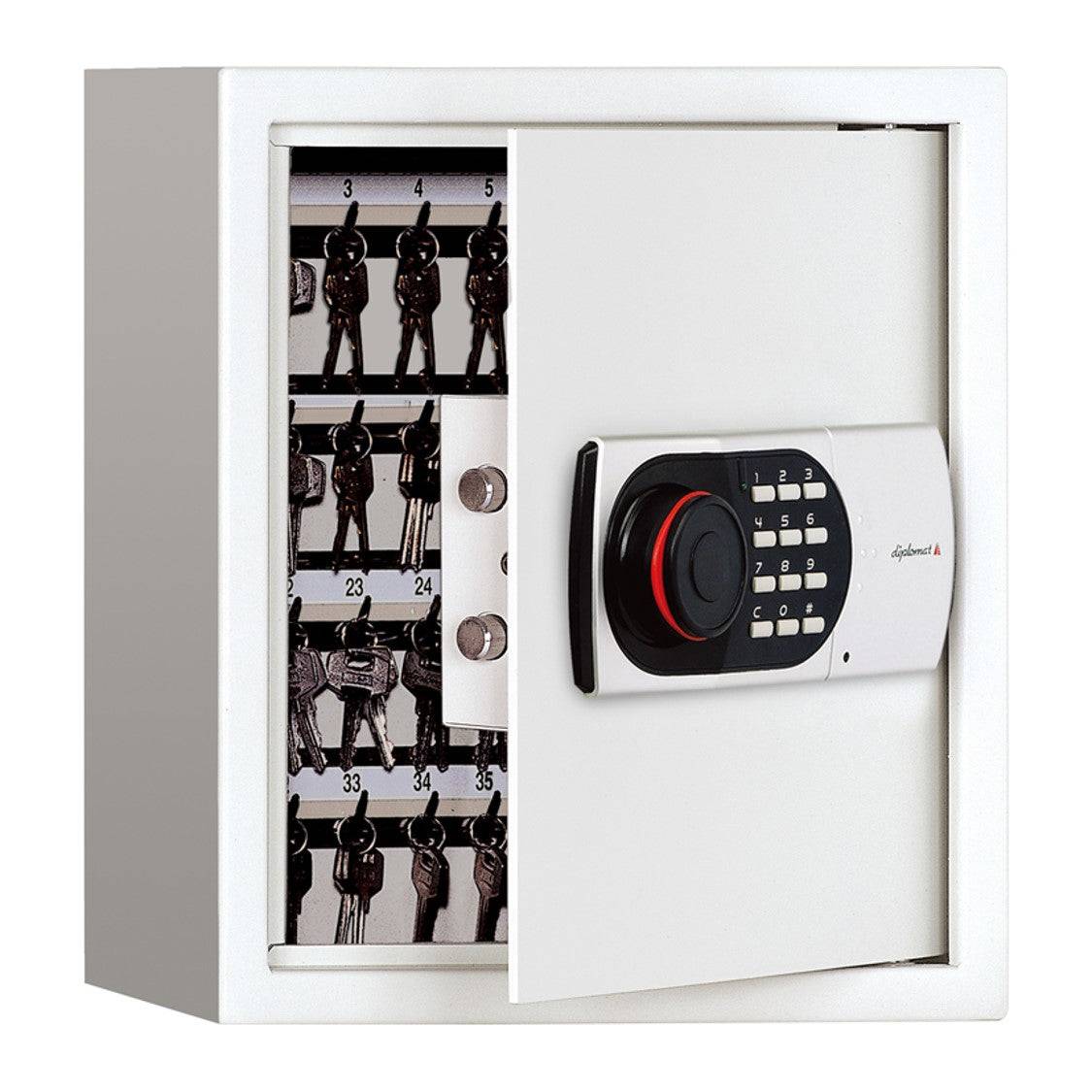 KC64 Digital Lock Key Cabinet with open door showing organized 64-key storage and secure electronic keypad for home or office security.