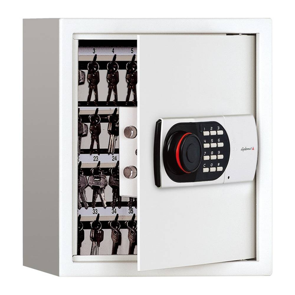 KC64 Digital Lock Key Cabinet with open door showing organized 64-key storage and secure electronic keypad for home or office security.