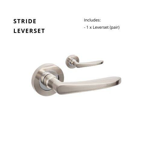 Stride Lever Set in a sleek satin finish, featuring a modern ergonomic design. Includes a pair of lever handles for doors.