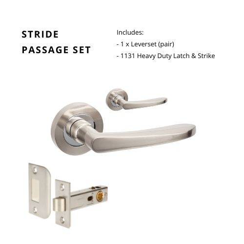 Stride Passage Set with sleek lever handles in brushed nickel finish, includes 1131 heavy-duty latch and strike for door hardware.
