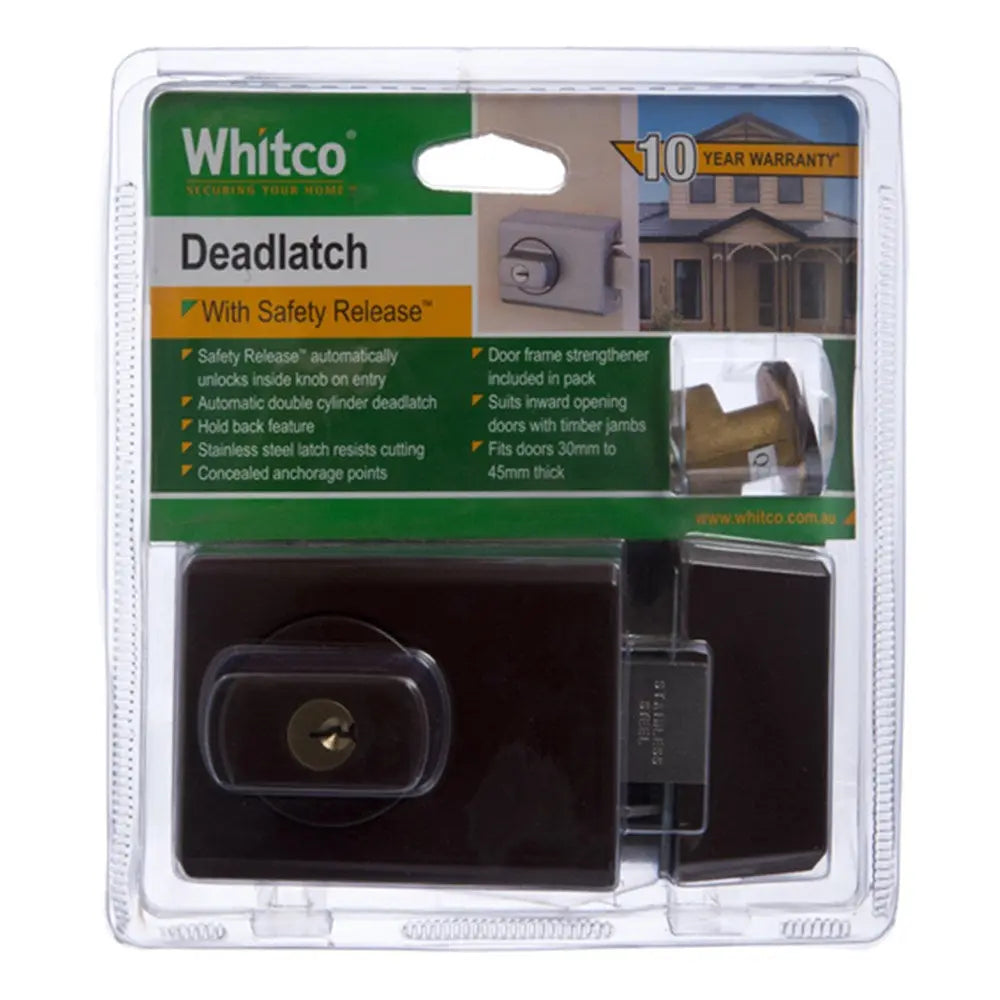 Whitco W75 Double Cylinder Deadlatch with Safety Release and Timber Frame Strike in Mahogany - W750612 Whitco
