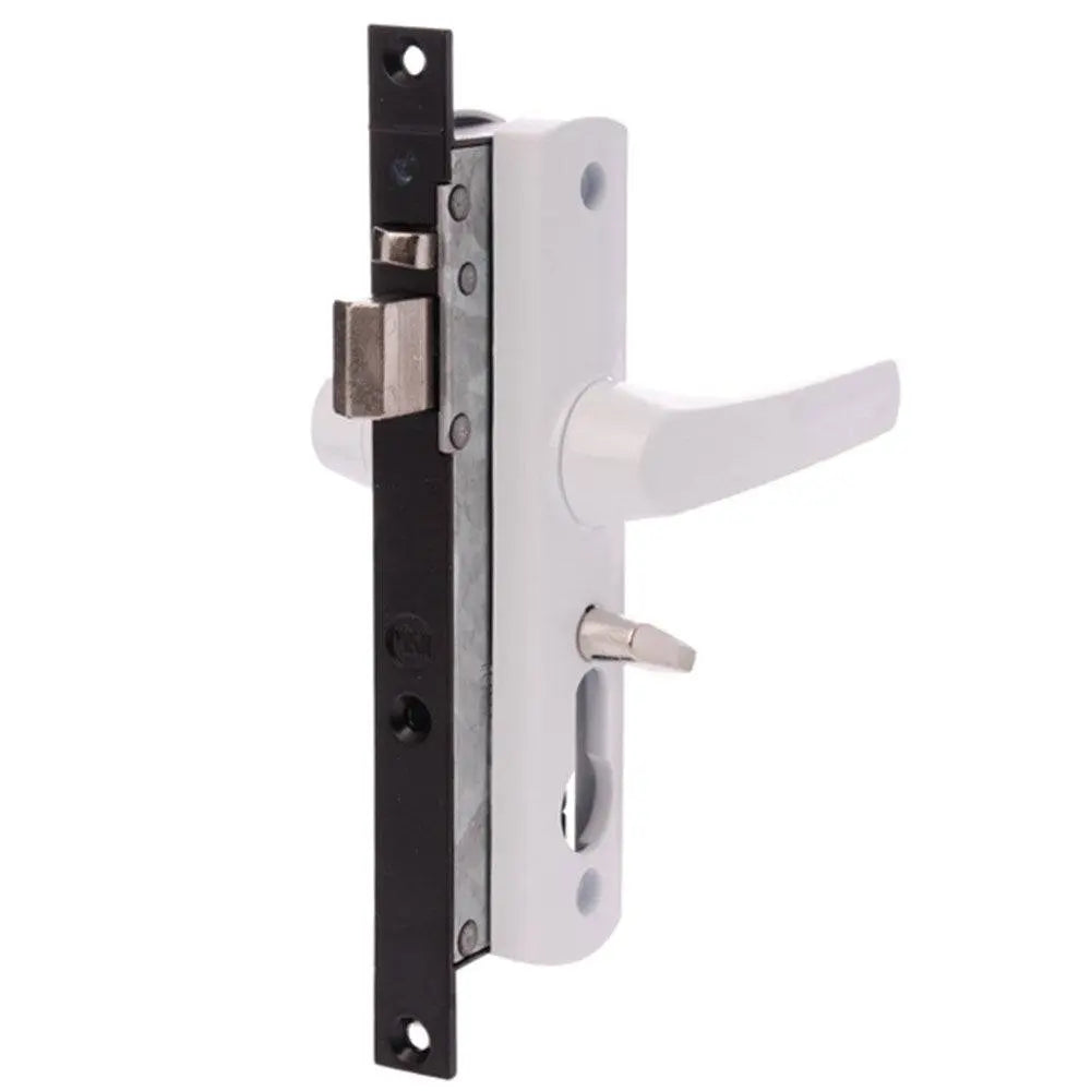 TASMAN MK2 hinged security door lock without cylinder, featuring a durable white handle and black metal strike plate for enhanced door security.