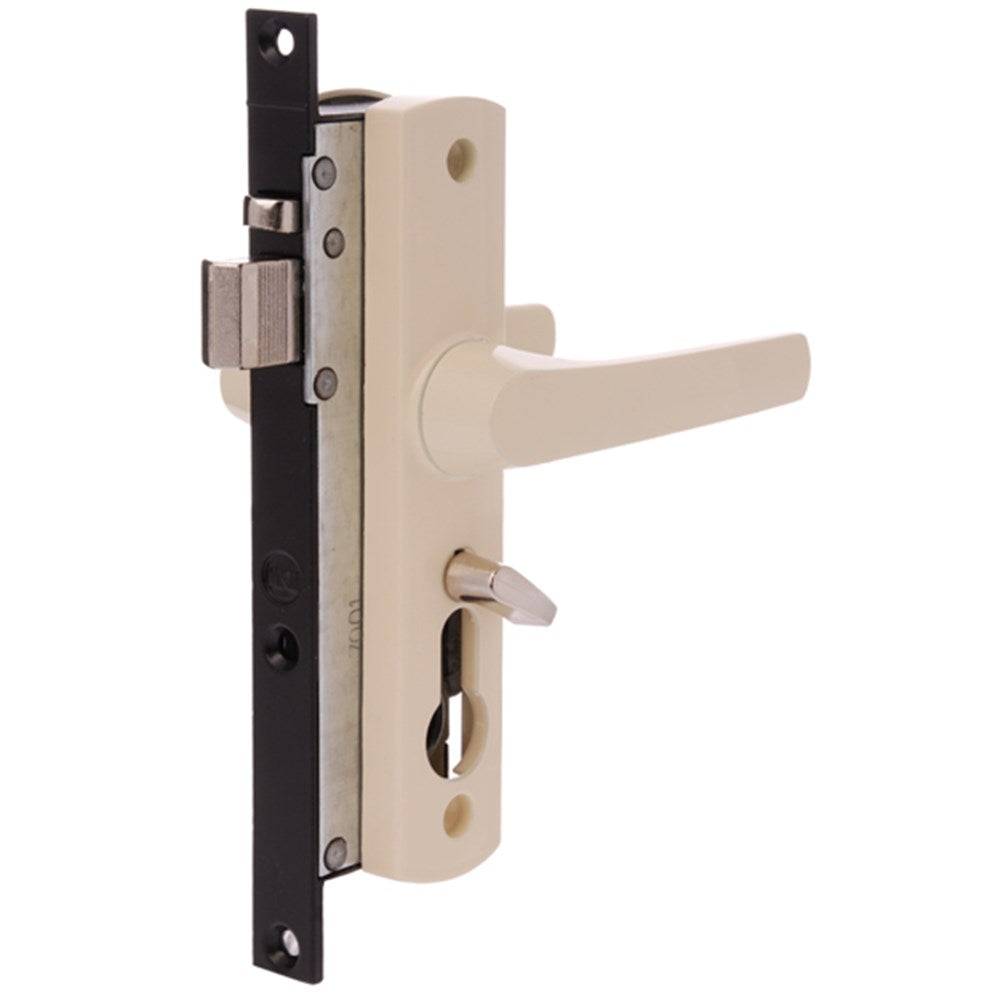 TASMAN MK2 Hinged Security Door Lock in beige finish, featuring a durable handle and latch mechanism, suitable for door hardware applications.