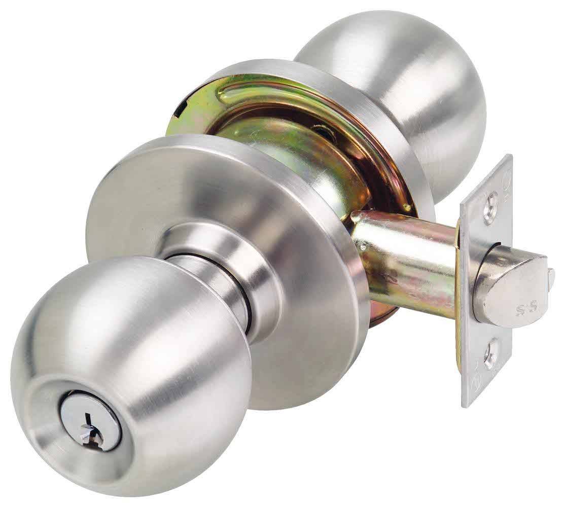 KEY IN KNOB SINGLE CYL CLASSROOM SET 60MM TP residential knobset with a brushed stainless steel finish, featuring a single cylinder lock mechanism for secure classroom use.