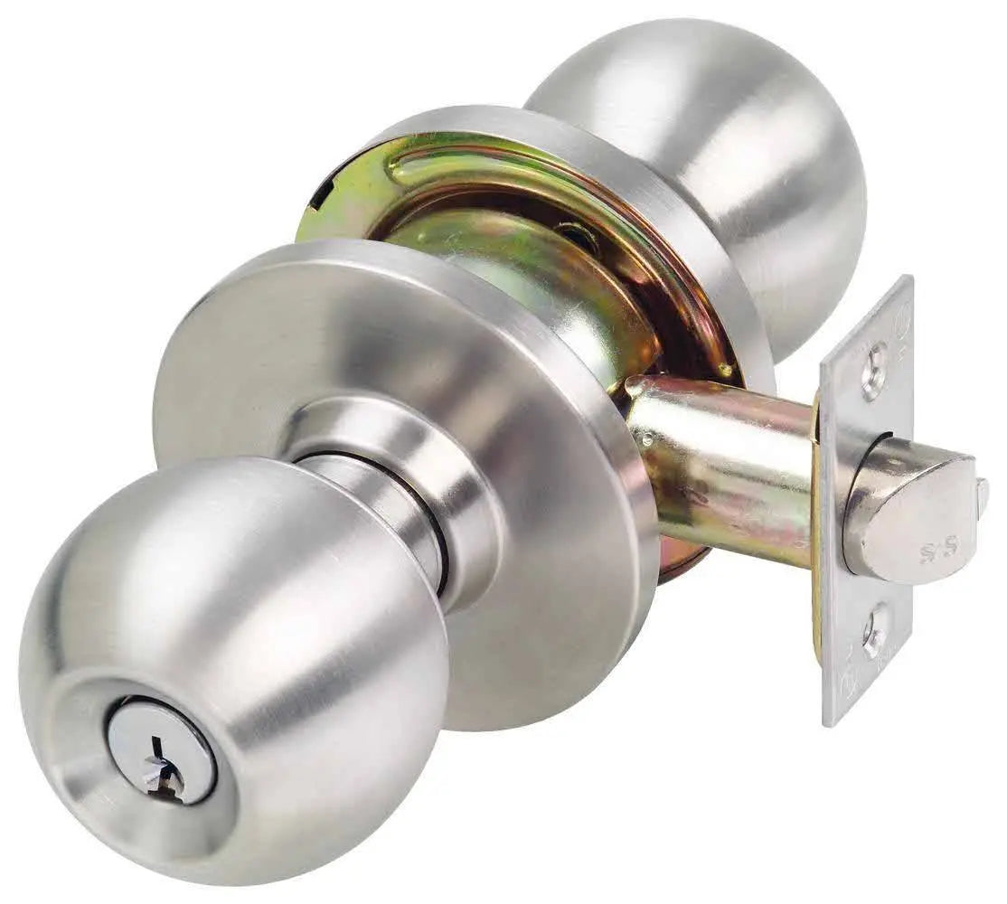 KEY IN KNOB SINGLE CYL CLASSROOM SET 60MM TP residential knobset with a brushed stainless steel finish, featuring a single cylinder lock mechanism for secure classroom use.