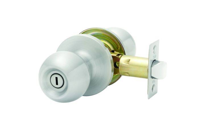 KEY IN KNOB NO CYL PRIVACY SET 60MM TP residential knobset with a brushed metal finish, designed for privacy use in doors, featuring a latch mechanism.