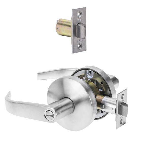 KEY IN LEVER PRIVACY SET 60MM TP residential leverset with a sleek satin finish, featuring a privacy lock mechanism and latch assembly.