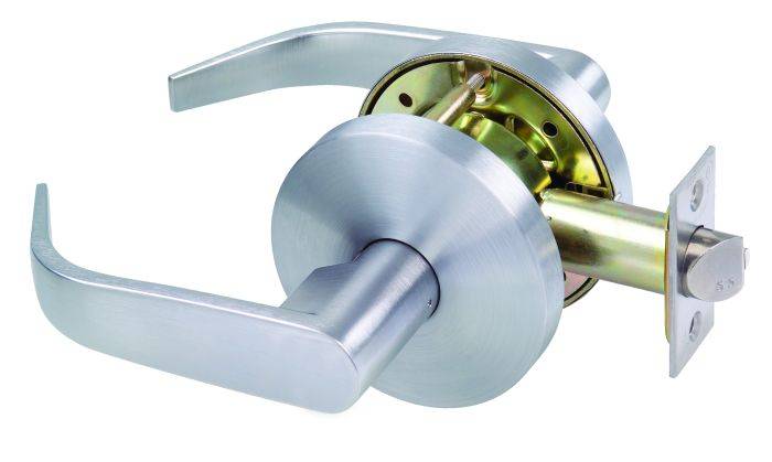 PASSAGE SET NO CYL 70MM TP residential leverset in brushed metal finish, featuring a durable latch mechanism for interior doors.