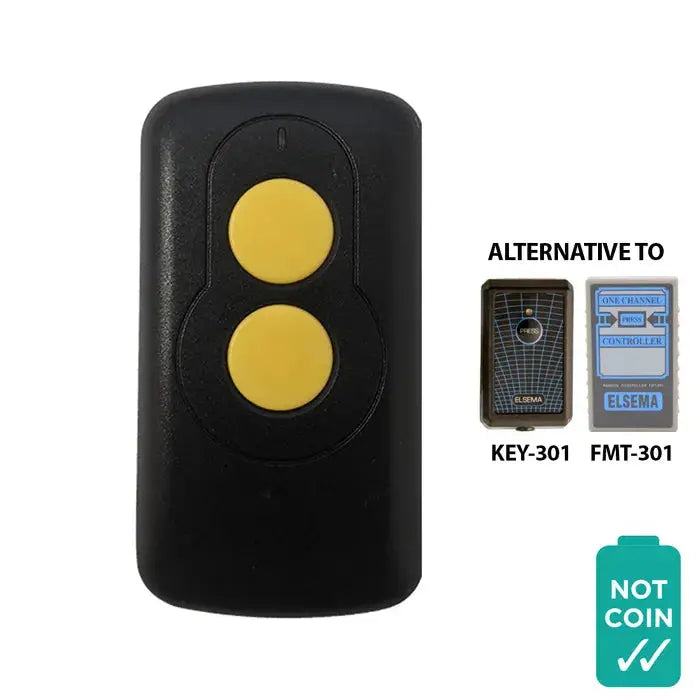 'ELSEMA Compatible' REMOTE - Non-Genuine garage door remote with two yellow buttons, suitable for KEY-301 and FMT-301 models. Ideal for home garage systems.