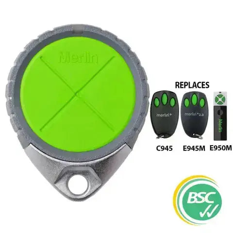 'MERLIN' - FOB REMOTE - 4-Channel - Water Resistant garage door remote with green buttons and keyring hole, compatible with Merlin+ and Merlin+ 2.0 motors.