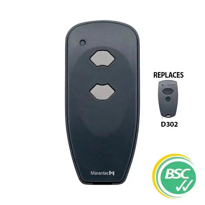 'MARANTEC' - 2-Channel garage door remote for all Marantec motors, replaces D302 model, ideal for controlling two garage doors.