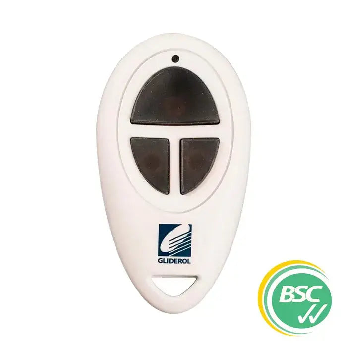 'GLIDEROL' - 3-Channel - White Body & Black Buttons garage remote with oval design, ideal for GTS OPTIMA, GRD+, GRD+DUAL & IGDU models. Compact and durable remote control for garage doors.