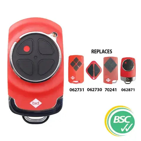 'B&D' - TB-7 4-Channel Remote with red and black design, compatible with multiple models. Premium garage door remote for secure access control.
