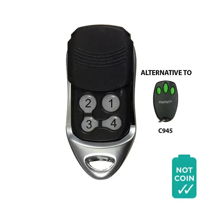 'C945 Compatible' REMOTE - 'Non-Genuine' garage door remote with four-button design, an alternative to the C945 Merlin 'Bear Claw' mini remote.