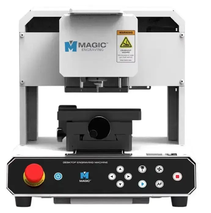 Front view of LOCKDECODERS Magic 3S - Engraving Machine featuring control panel, emergency stop button, and MagicEngrave software support.