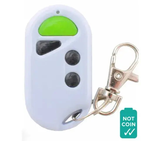 'ACDC' 4-Channel garage remote, compatible with RCD21. Compact design with keychain attachment, ideal for pocket or keyring use.