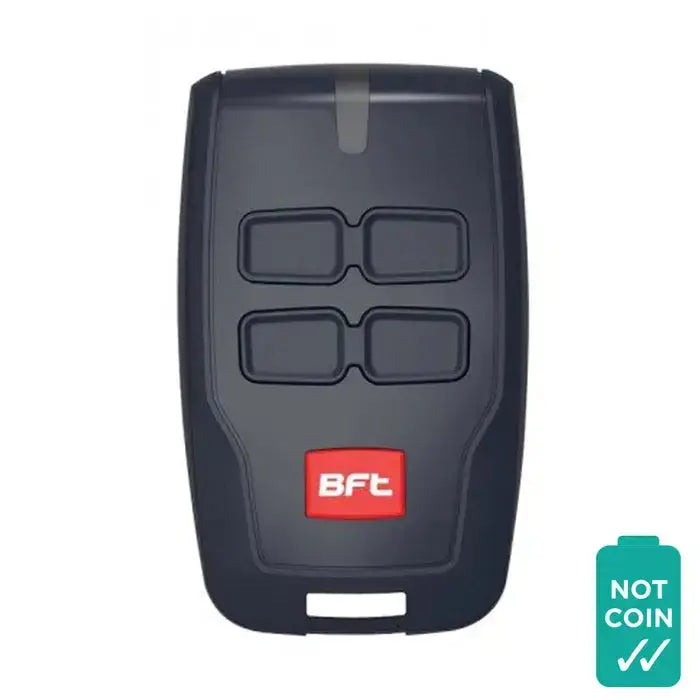 'BFT' - MITTO 4-Channel Remote Garage Door Remote with red body and black buttons, compatible with BFT garage and gate receivers.