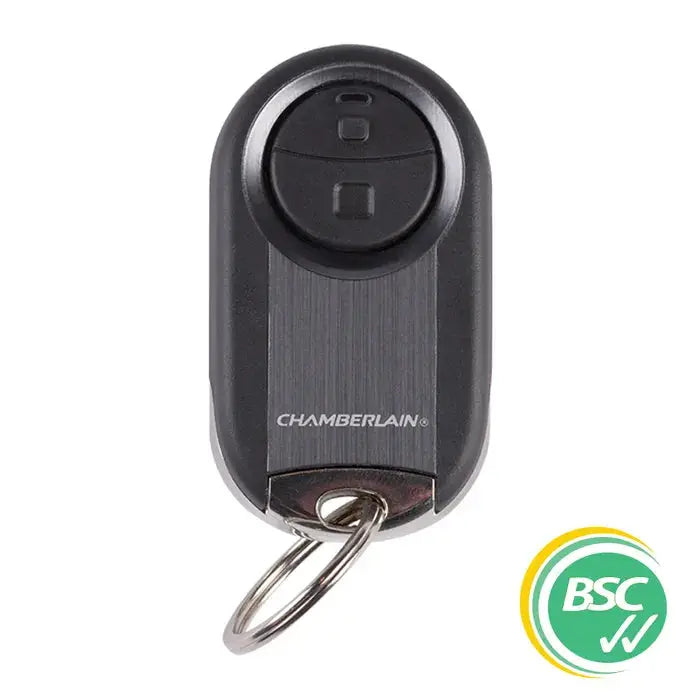 'CHAMBERLAIN' Universal 2-Channel garage remote with keyring. Compatible with a wide range of remotes for seamless garage door access.