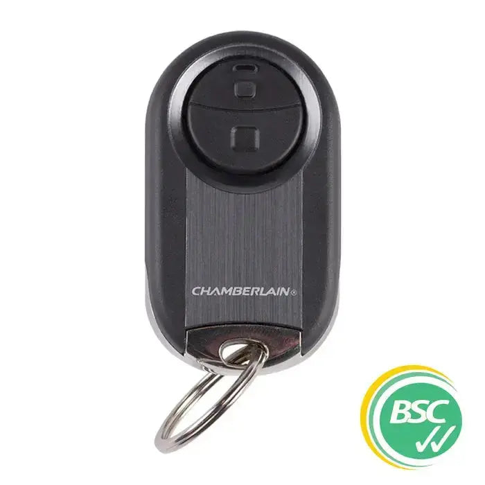 'CHAMBERLAIN' Universal 2-Channel garage remote with keyring. Compatible with a wide range of remotes for seamless garage door access.