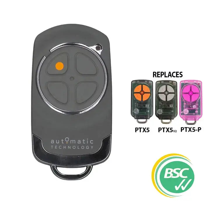'ATA' 4-Channel (C1) Garage Remote with black casing and four-button design. Compatible with PTX2v2, PTX5-P, MC100AML, PTX6, PTX5, PTX2, WTX4-V2, PTX5-D.