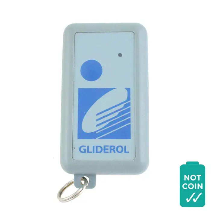 'GLIDEROL' 1-Channel garage remote with grey body and blue button, compatible with GTX1, GTX2, GTX3 for single garage door or gate control.