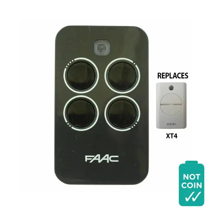 'FAAC' - 4-Channel Garage Remote with four black buttons and sleek black casing, compatible with FAAC receivers and replaces XT4 model remotes.