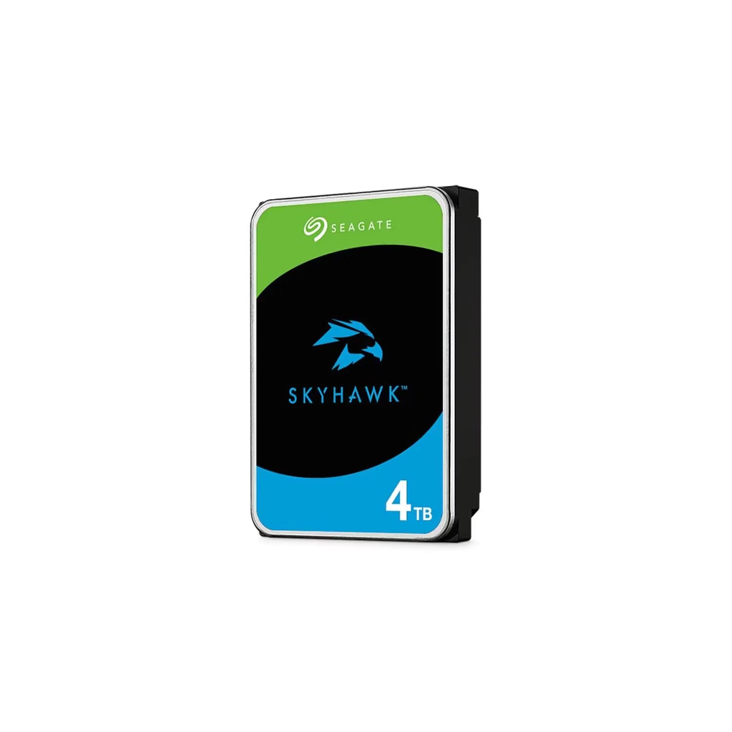 Seagate SkyHawk 4TB surveillance hard drive with 64MB cache, designed for 24/7 DVR systems and equipped with RV sensors for reliable performance.