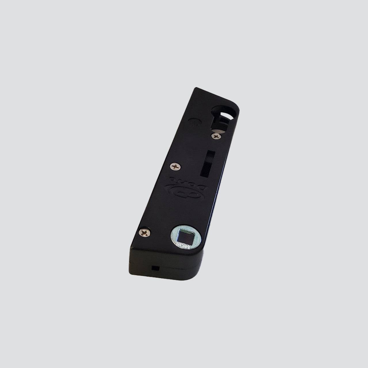 Angled top view of MK3 Lock Body for Jason sliding doors, highlighting screw placements and durable construction for internal use.
