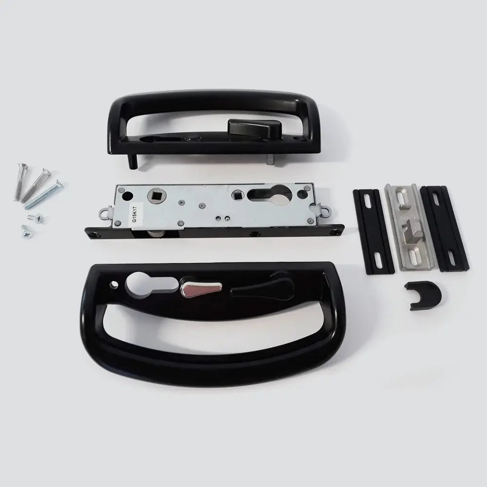 Mortice Handle Set for Jason sliding doors in black finish. Includes lockbody, snib, handles, and mounting hardware for secure installation.