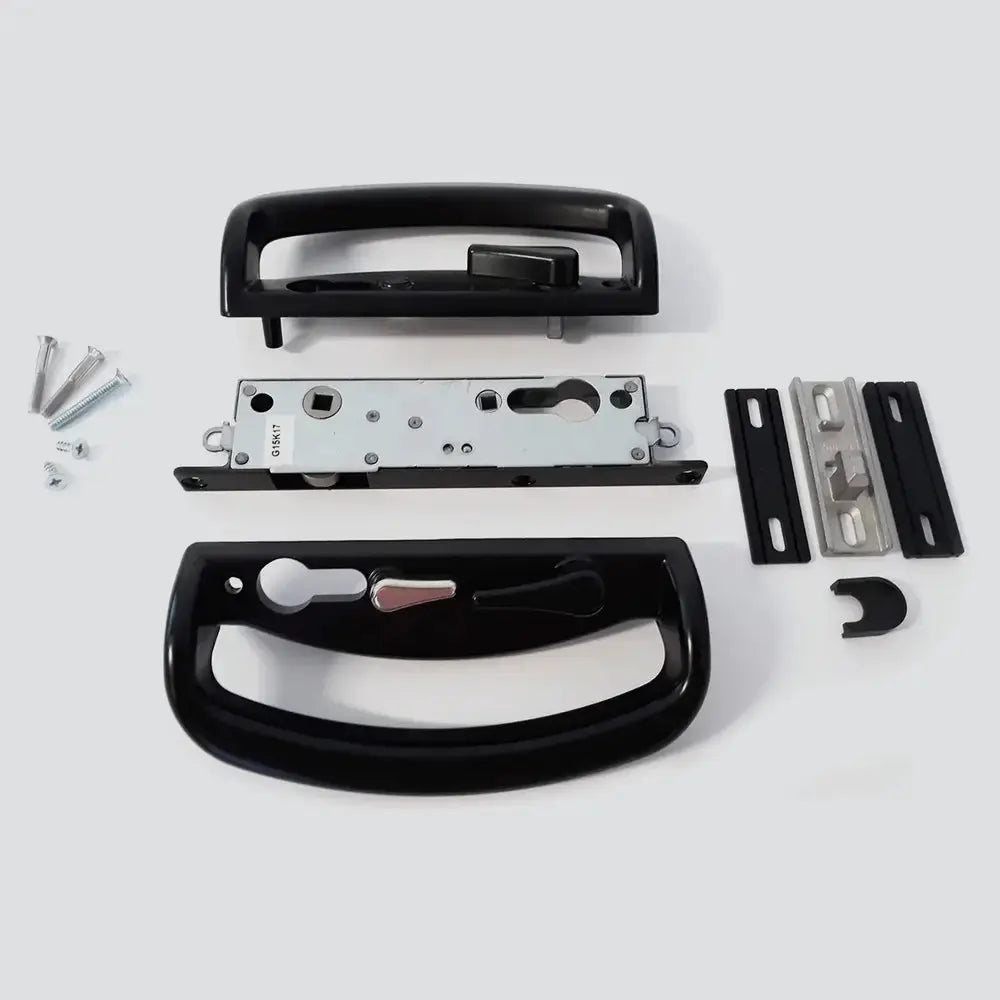 Mortice Handle Set for Jason sliding doors in black finish. Includes lockbody, snib, handles, and mounting hardware for secure installation.