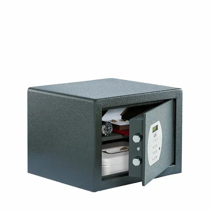 BURG-WÄCHTER Pure-Safe electronic safe with 21-litre capacity, open to show valuables inside. Ideal for home or office security storage.