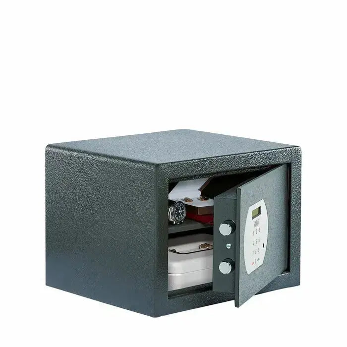BURG-WÄCHTER Pure-Safe electronic safe with 21-litre capacity, open to show valuables inside. Ideal for home or office security storage.