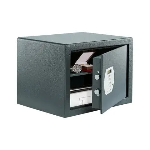 BURG-WÄCHTER 39L electronic safe with override lock, open to reveal valuables like a watch and documents inside, ideal for home or office security.