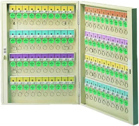 Tata key cabinet spare Tags, Numbered per 100 Tata in assorted colors, organized in a metal cabinet for secure key management and storage.