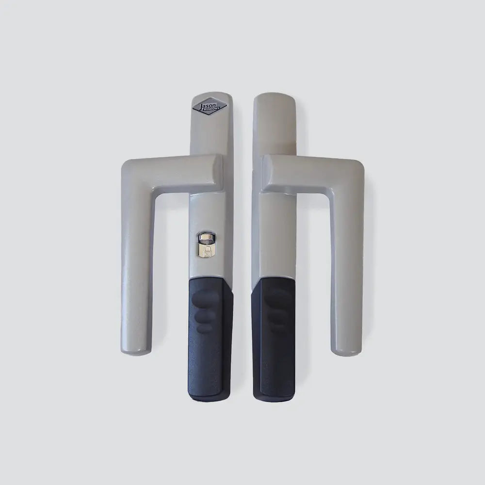Silver Lever Lock Handle Set for sliding doors by Jason Windows, includes ergonomic black grip and keyhole on inside handle.