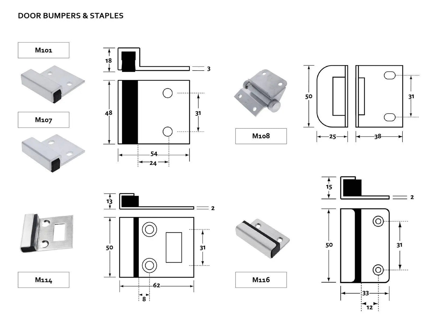 Lenlok M700, Concealed, Bumper, 52MM X 47MM X 17MM, suits 18-25mm Door, Stainless Steel