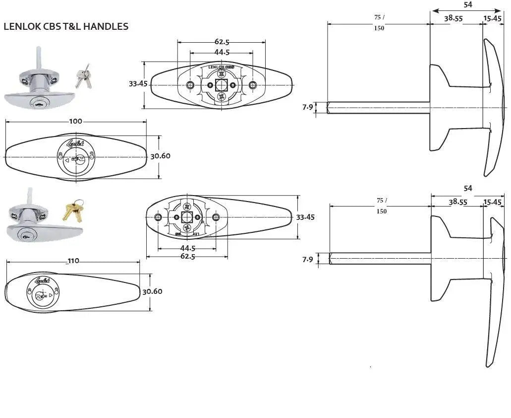 Lenlok T Handle, Rear Fixing, 150MM Shaft, C4 Keyed Alike KA2, , Chrome Plate