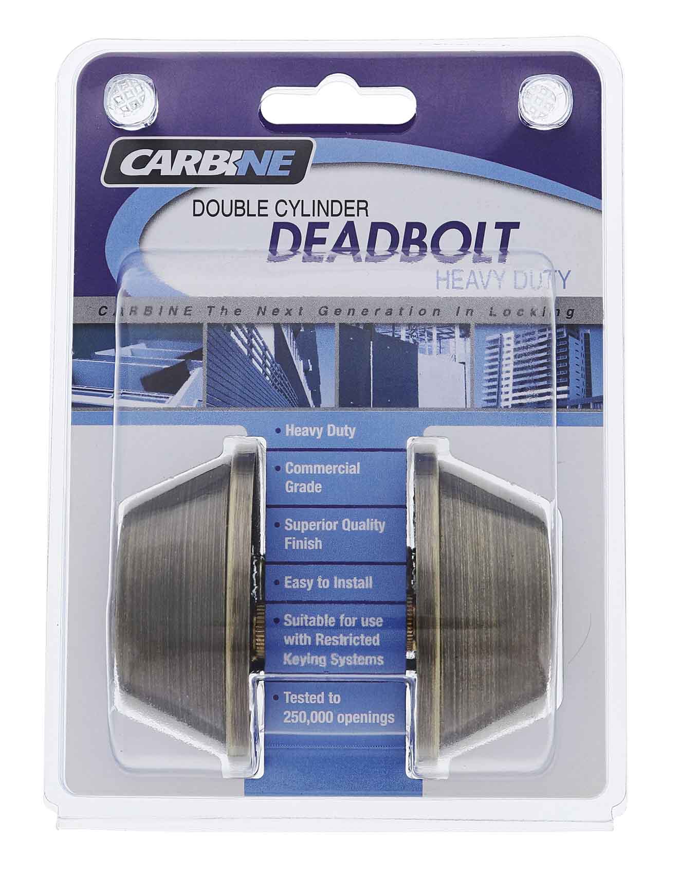 Carbine ALB series Double Cylinder Deadbolt with 60mm backset, antique brass finish, and C4 Keyed to Differ mechanism in a display pack. Heavy-duty lock suitable for restricted keying systems.