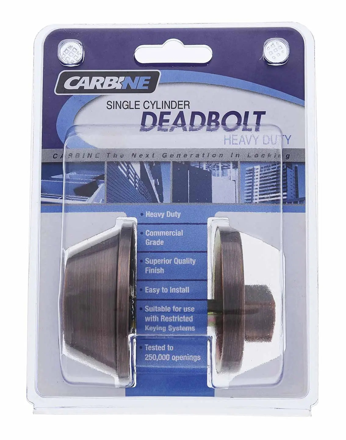 Carbine ALB series Single Cylinder and Turn Deadbolt in antique bronze finish, 60-70mm backset, C4 keyed to differ, in retail display pack.