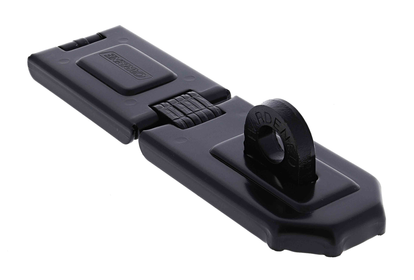 Carbine C1075 single hinge hasp and staple, 160MM x 45MM, designed for 9.5mm shackle. Durable black hardware for secure locking applications.