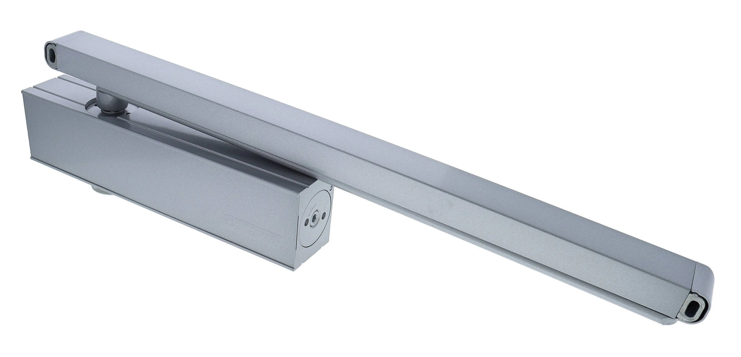 Carbine CDC-CA2 Radius door closer EN2-5 for push side installation, silver finish, supports 40kg - 100kg doors with backcheck and angle bracket.