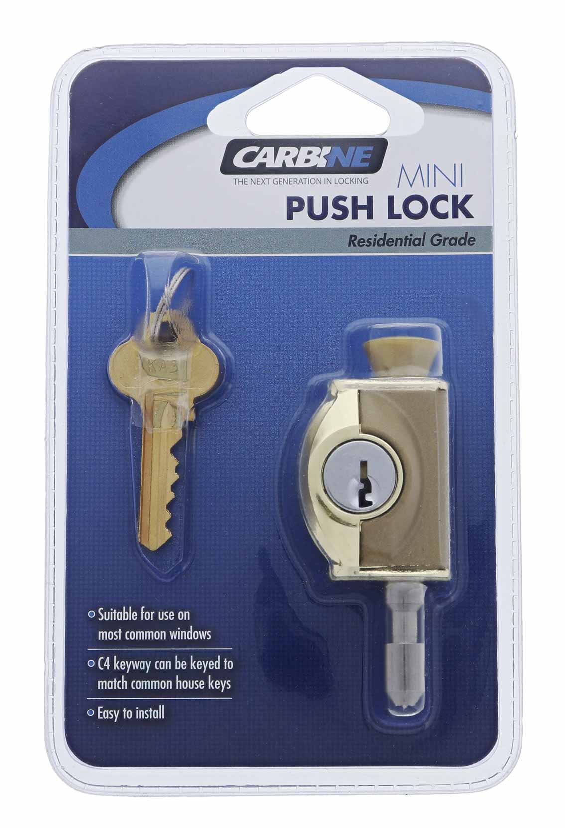 Carbine CMP Mini Push Lock, C4 Keyed Alike KA1, Display Pack, Polished Brass