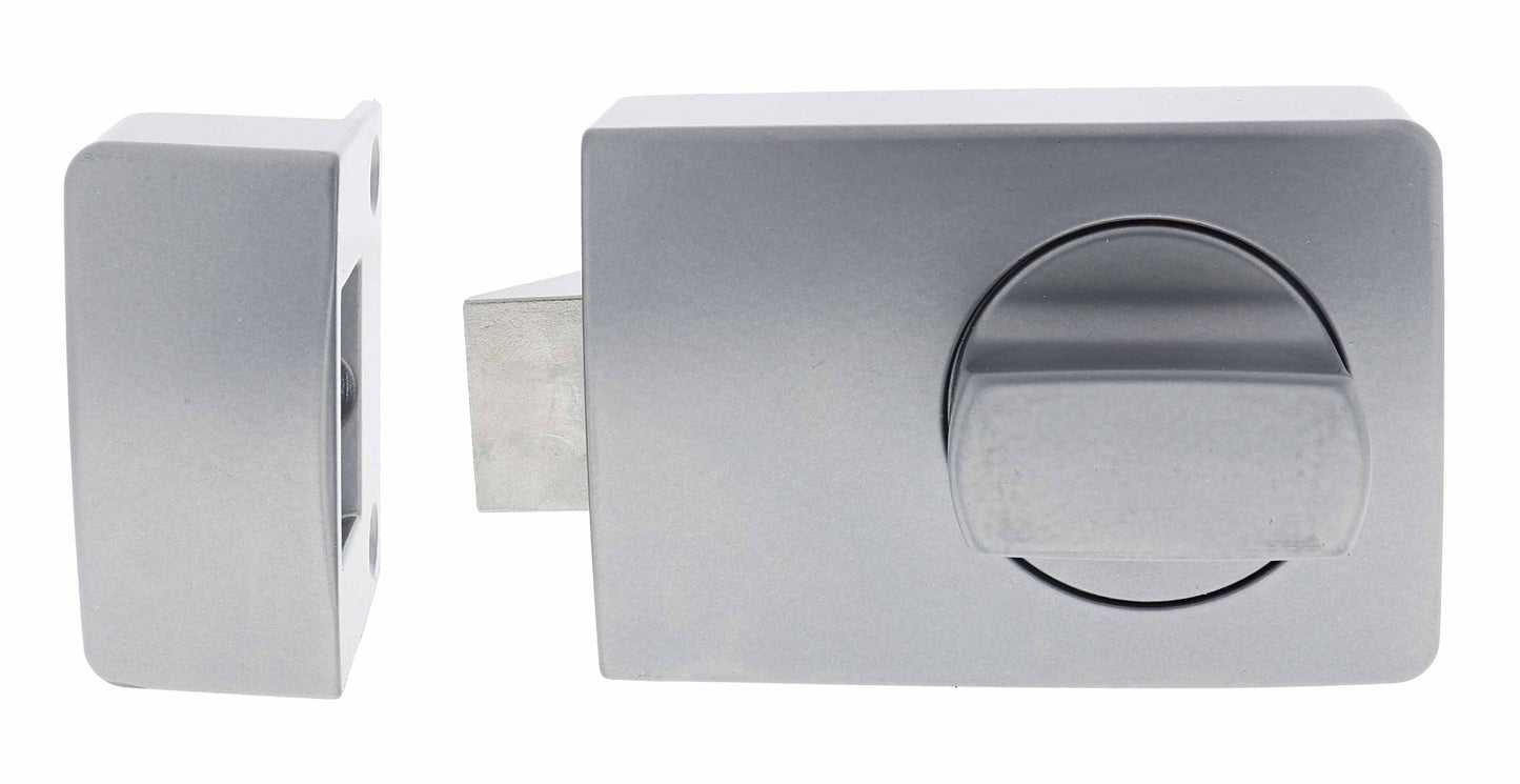 Carbine Night Hawk Advance lock in silver finish with 60mm backset, timber strike, and less cylinder. Secure boxed design for durability.