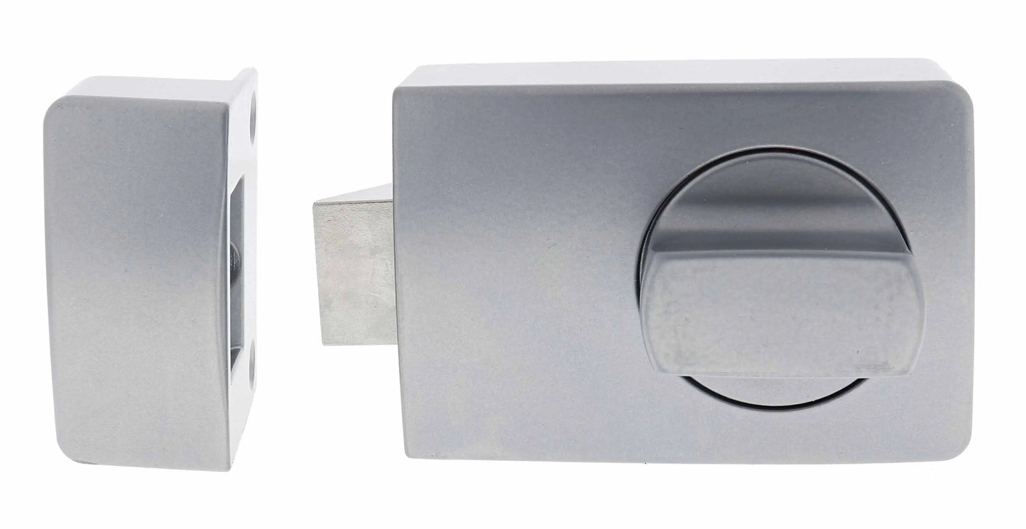 Carbine Night Hawk Advance lock in silver finish with 60mm backset, timber strike, and less cylinder. Secure boxed design for durability.