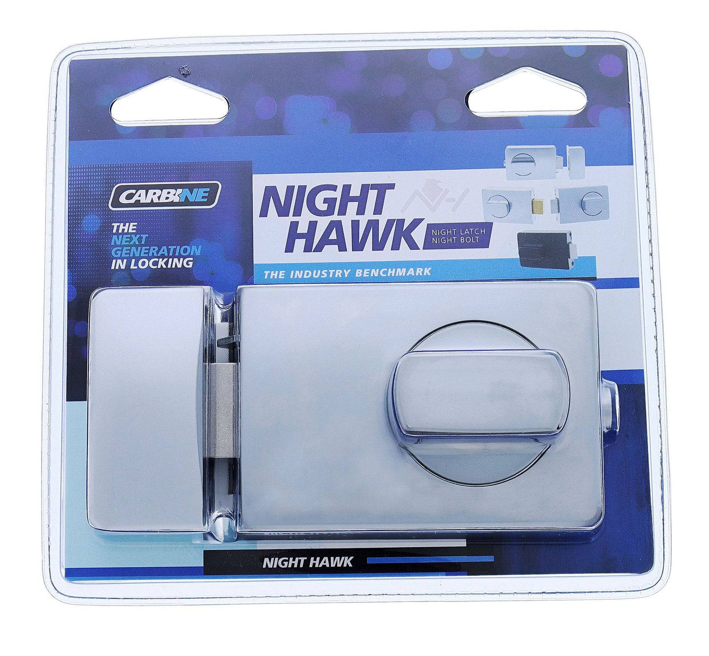 Carbine Night Hawk Pro night latch with CRC-SC5 cylinder, 60mm backset, and timber strike in satin chrome finish, packaged in a display pack.
