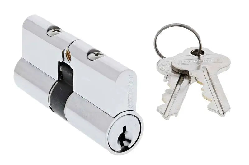 Carbine Profile Double Cylinder lock with Lazy Cam, 5-pin mechanism, and C4 Keyed Alike system. Chrome-plated finish with two matching keys.