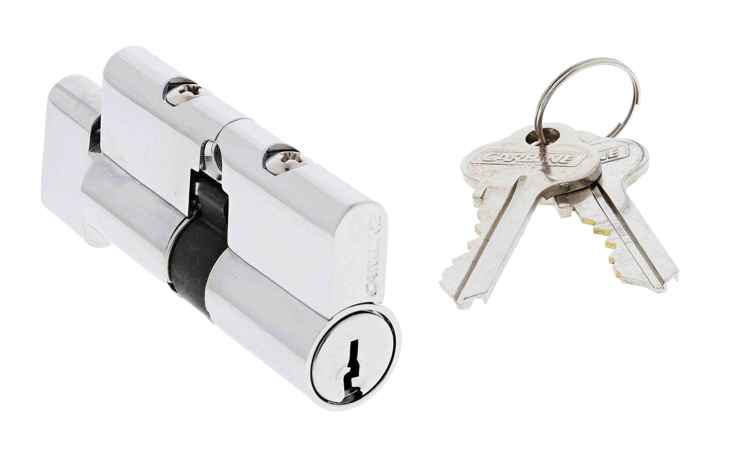 Carbine Profile Cylinder and Turn with Right Hand Lazy Cam, featuring a 5-pin C4 key system. Chrome-plated lock with matching keys for security.