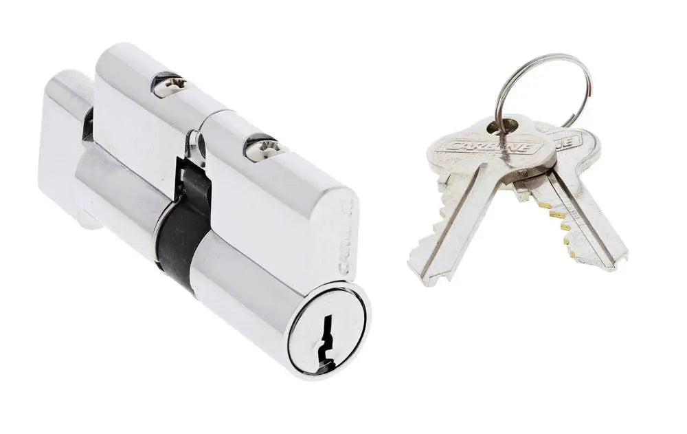 Carbine Profile Cylinder and Turn with Right Hand Lazy Cam, featuring a 5-pin C4 key system. Chrome-plated lock with matching keys for security.
